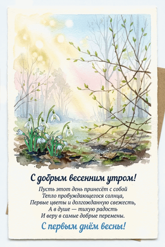 Анимированная открытка С добрым весенним утром! С первым днём весны! Пусть этот день принесет с собой тепло пробуждающегося...