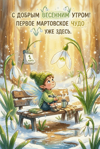 Анимированная открытка 1 марта С добрым весенним утром! Первое мартовское чудо уже здесь.