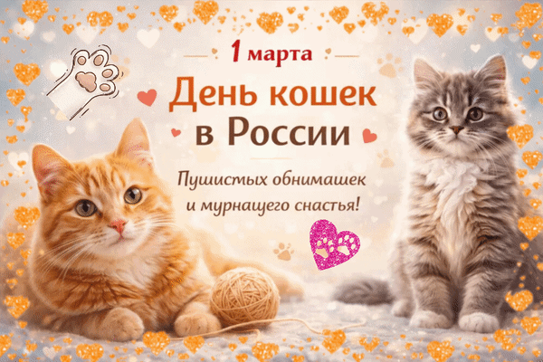 Анимированная открытка 1 марта День кошек в России. Пушистых обнимашек и мурчащего счастья!