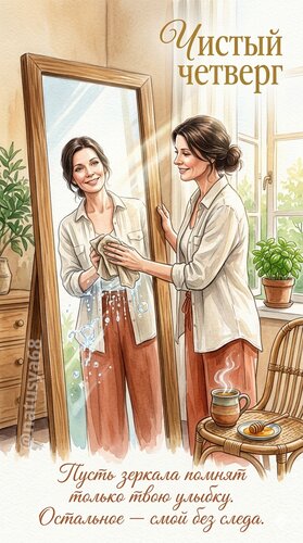 Открытка Чистый четверг. Пусть зеркала помнят только твою улыбку. Остальное - смой без следа.
