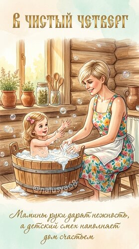 Открытка В Чистый четверг мамины руки дарят нежность, а детский смех наполняет дом счастьем.