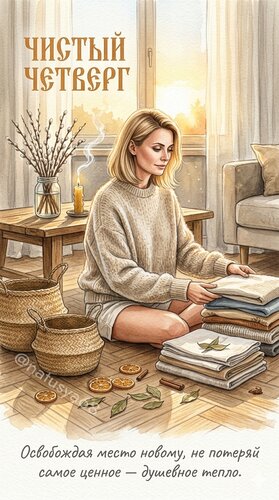 Открытка Чистый четверг. Освобождая место новому, не потеряй самое ценное - душевное тепло.