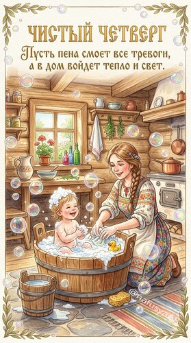 Открытка Чистый четверг. Пусть пена смоет все тревоги, а в дом войдёт тепло и свет.