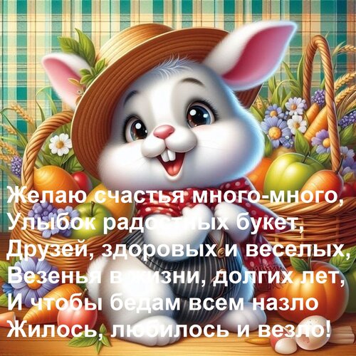 Открытка Желаю счастья много-много, улыбок радостных букет, друзей, здоровых и веселых, везенья в жизни, долгих лет.