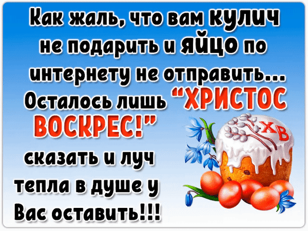 Анимированная открытка Как жаль, что вам кулич не подарить и яйцо по интернету не отправить... Осталось лишь Христос Воскр