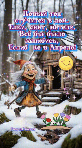 Анимированная открытка Новый год стучится в дом - елки, снег, метели. Всё бы было зашибись, если б не в апреле!