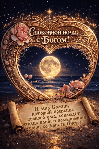 Анимированная открытка Спокойной ночи, с Богом! И мир Божий, который превыше всякого ума, соблюдёт сердца ваши и помышления