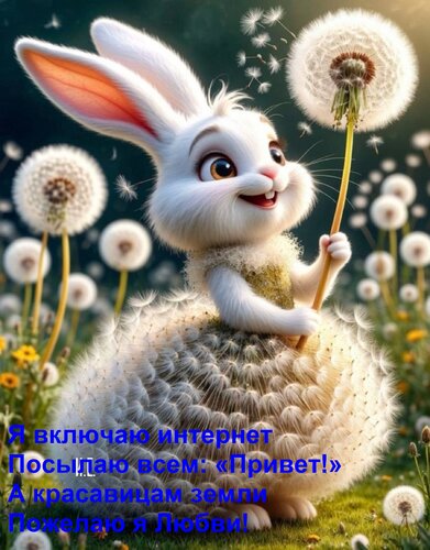 Открытка Я включаю интернет Посылаю всем: «Привет!» А красавицам земли Пожелаю я Любви!