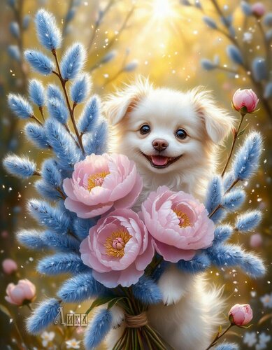 Открытка Пес с цветами