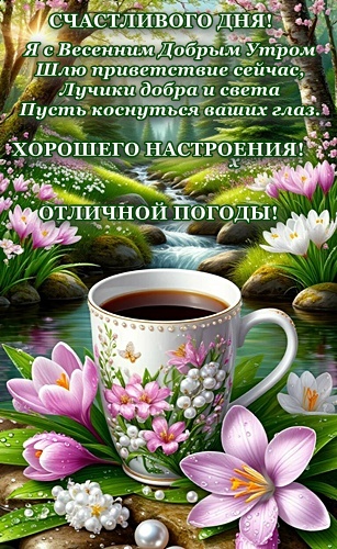 Открытка Я с весенним добрым утром Шлю приветствие сейчас, Лучики добра и света Пусть коснуться ваших глаз.