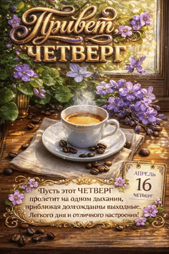 Анимированная открытка 16 апреля Привет, четверг. Пусть этот четверг пролетит на одном дыхании, приближая долгожданные