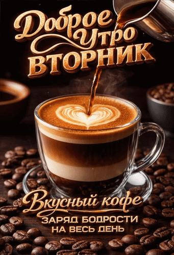 Анимированная открытка Доброе утро. Вторник. Вкусный кофе - заряд бодрости на весь день.