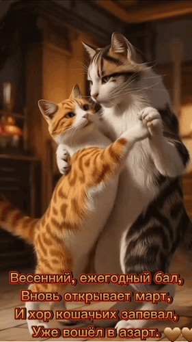 Анимированная открытка Весенний, ежегодный бал вновь открывает март и хор кошачьих запевал уже вошёл в азарт.