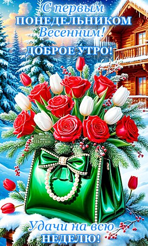 Открытка С первым понедельником весенним. Доброе утро! Удачи на всю неделю!