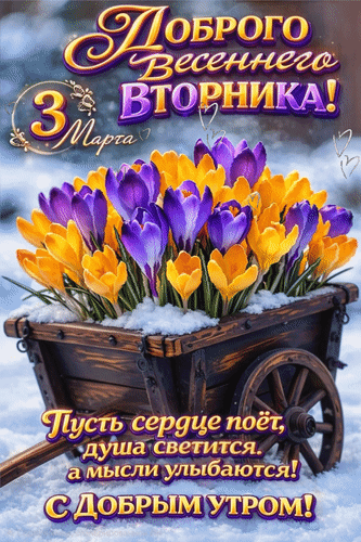Анимированная открытка 3 марта Доброго весеннего вторника! С добрым утром! Пусть сердце поёт, душа светится...