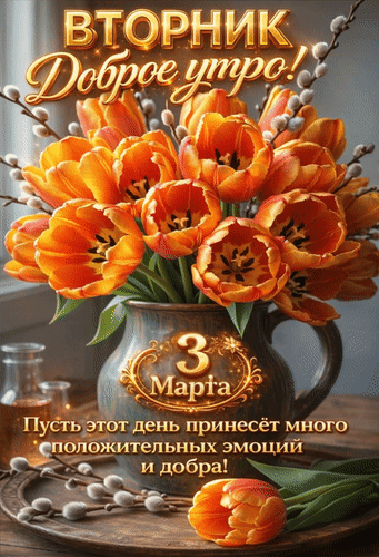 Анимированная открытка 3 марта Вторник Доброе утро! Пусть этот день принесет много положительных эмоций и добра!