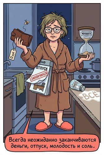 Открытка Всегда неожиданно заканчиваются деньги, отпуск, молодость и соль...