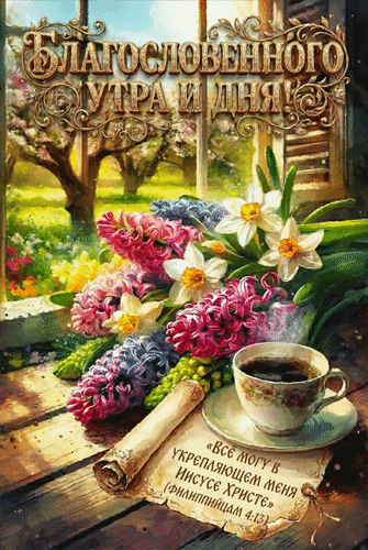 Анимированная открытка Благословенного утра и дня! Всё могу в укрепляющем меня Иисусе Христе (Филиппийцам 4:13)