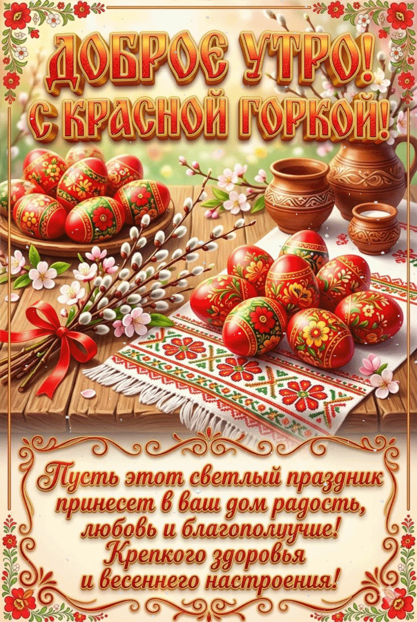 Анимированная открытка Доброе утро! С Красной горкой! Пусть этот светлый праздник принесет в ваш дом радость, любовь и