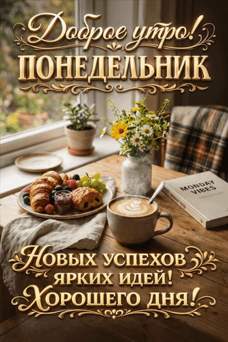 Анимированная открытка Доброе утро! Понедельник. Новых успехов, ярких идей! Хорошего дня!