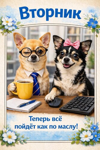 Открытка Вторник. Теперь всё пойдёт как по маслу.