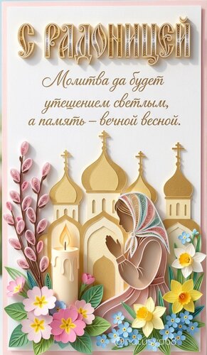 Открытка С Радоницей! Молитва да будет утешением светлым, а память - вечной весной!