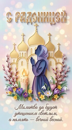 Открытка С Радоницей! Молитва да будет утешением светлым, а память - вечной весной.