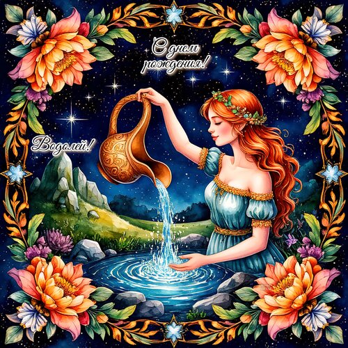 Открытка Водолей! С днем рождения!