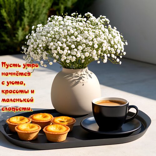 Открытка Пусть утро начнётся с уюта, красоты и маленькой сладости.