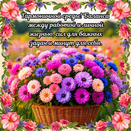 Открытка Гармоничной среды! Баланса между работой и личной жизнью, сил для важных задач и минут для себя.