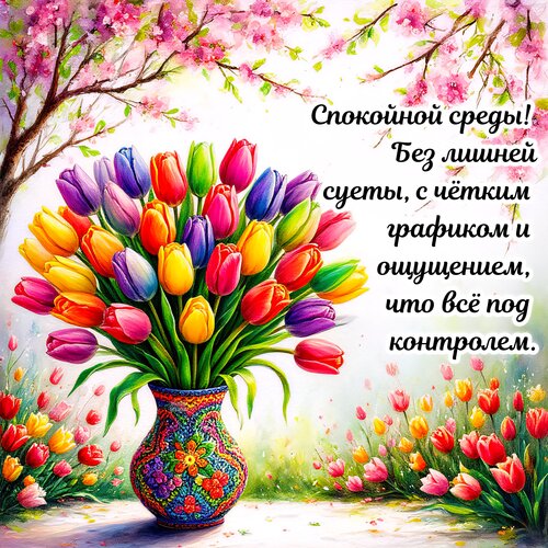 Открытка Спокойной среды! Без лишней суеты, с чётким графиком и ощущением, что всё под контролем.