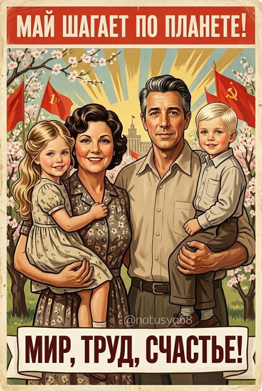 Открытка Май шагает по планете. Мир, труд, счастье!