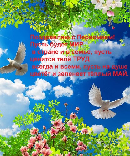 Открытка Поздравляю с Первомаем! Пусть будет МИР в стране и в семье, пусть ценится твой ТРУД всегда и всеми