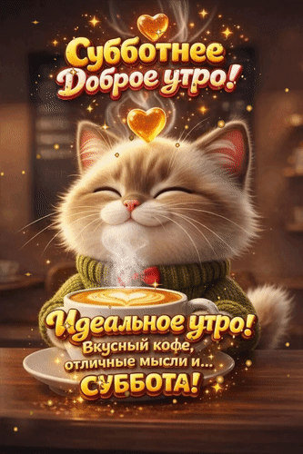 Анимированная открытка Субботнее доброе утро! Идеальное утро! Вкусный кофе, отличные мысли и... суббота!