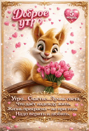 Анимированная открытка 5 марта Доброе утро! Утро... Счастье... Лучик света, что даёт надежду жить. Жизнь прекрасна - но при