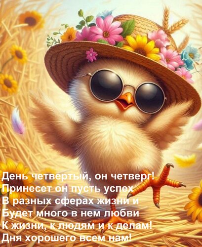 Открытка День четвертый, он четверг! Принесет он пусть успех В разных сферах жизни и Будет много в нем любви