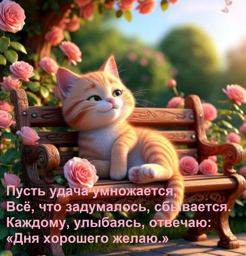 Открытка Пусть удача умножается, Всё, что задумалось, сбывается. Каждому, улыбаясь, отвечаю: «Дня хорошего же