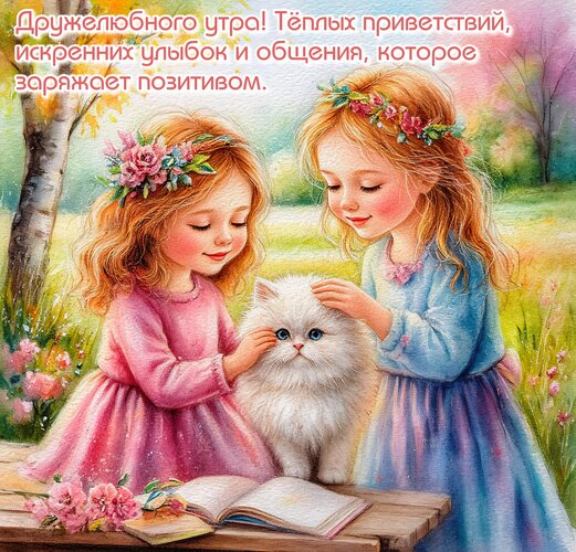 Открытка Дружелюбного утра! Тёплых приветствий, искренних улыбок и общения, которое заряжает позитивом.