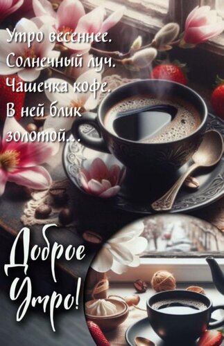 Открытка Утро весеннее. Солнечный луч. Чашечка кофе. В ней блик золотой.