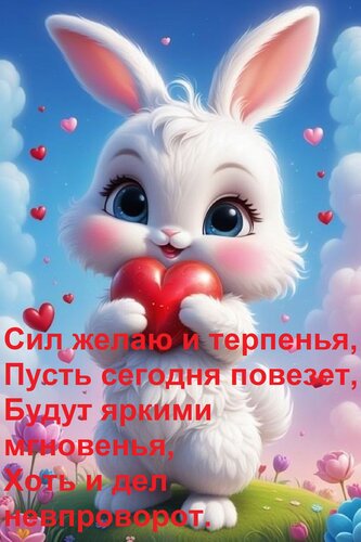Открытка Сил желаю и терпенья, Пусть сегодня повезет, Будут яркими мгновенья, Хоть и дел невпроворот.