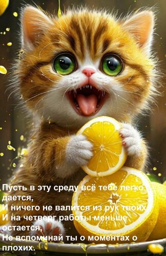 Открытка Пусть в эту среду всё тебе легко дается, и ничего не валится из рук твоих, и на четверг работы меньше...