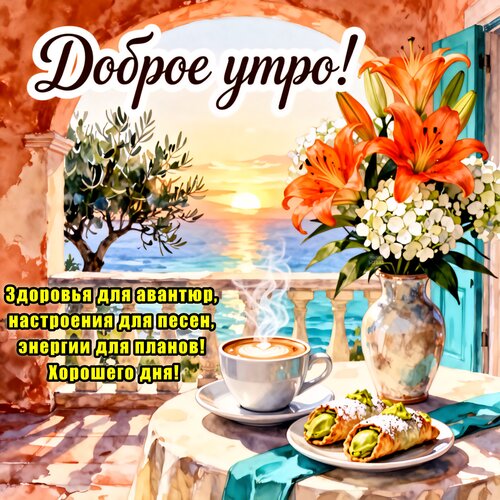 Открытка Доброе утро! Здоровья для авантюр, настроения для песен, энергии для планов! Хорошего дня!
