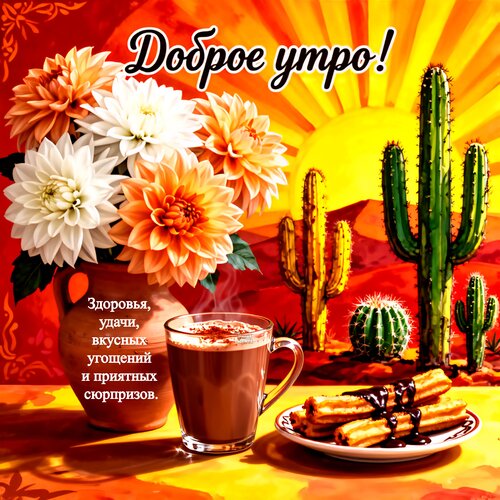 Открытка Доброе утро! Здоровья, удачи, вкусных угощений и приятных сюрпризов.