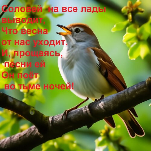 Открытка Соловей на все лады выводит, Что весна от нас уходит. И, прощаясь, песни ей Он поёт во тьме ночей!