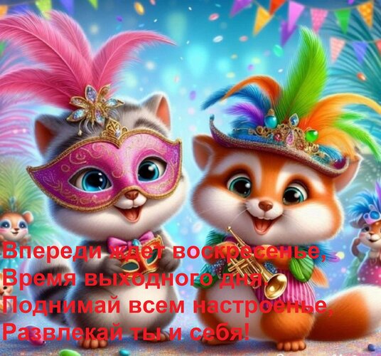 Открытка Впереди ждет воскресенье, Время выходного дня. Поднимай всем настроенье, Развлекай ты и себя!