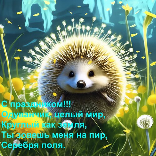 Открытка С праздником!!! Одуванчик, целый мир, Круглый как земля, Ты зовешь меня на пир, Серебря поля.