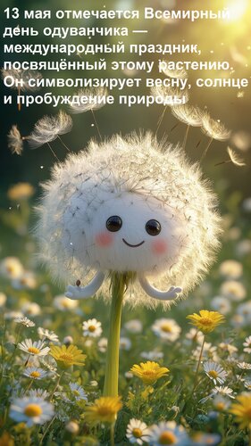 Открытка 13 мая отмечается Всемирный день одуванчика — международный праздник, посвящённый этому растению.