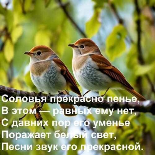Открытка Соловья прекрасно пенье, В этом — равных ему нет, С давних пор его уменье Поражает белый свет, Песн
