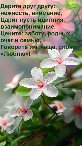 Открытка Дарите друг другу: нежность, внимание, Царит пусть идиллия, взаимопонимание. Цените: заботу, родных,