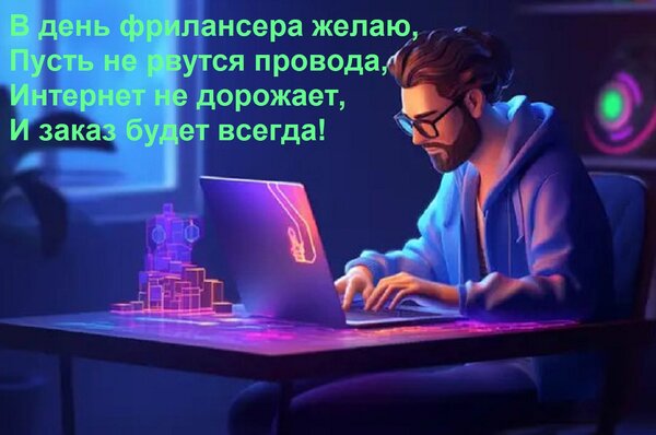 Открытка В день фрилансера желаю, Пусть не рвутся провода, Интернет не дорожает, И заказ будет всегда!